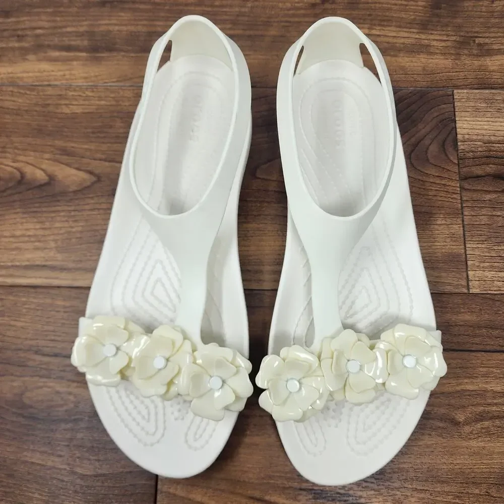 Crocs Serena Flower Embellished Flat T-Strap Sandal Women 10 Ivory and Cream - Picture 3 of 14